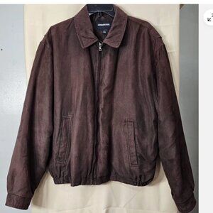 LONDON FOG Men L Blouson Jacket Suede Look Quilted Lining Brown Zip Up Classic